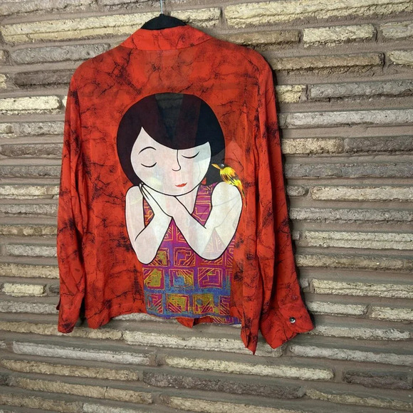 Vintage 90s 100% Silk Chico's Design Girl With Bird Blouse Size 1 Medium - Picture 4 of 8
